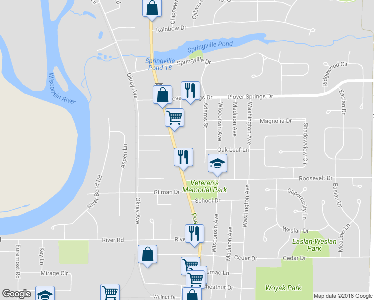 map of restaurants, bars, coffee shops, grocery stores, and more near 2020 Post Road in Plover
