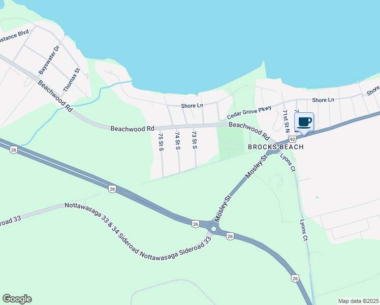 map of restaurants, bars, coffee shops, grocery stores, and more near 42 73rd Street South in Wasaga Beach