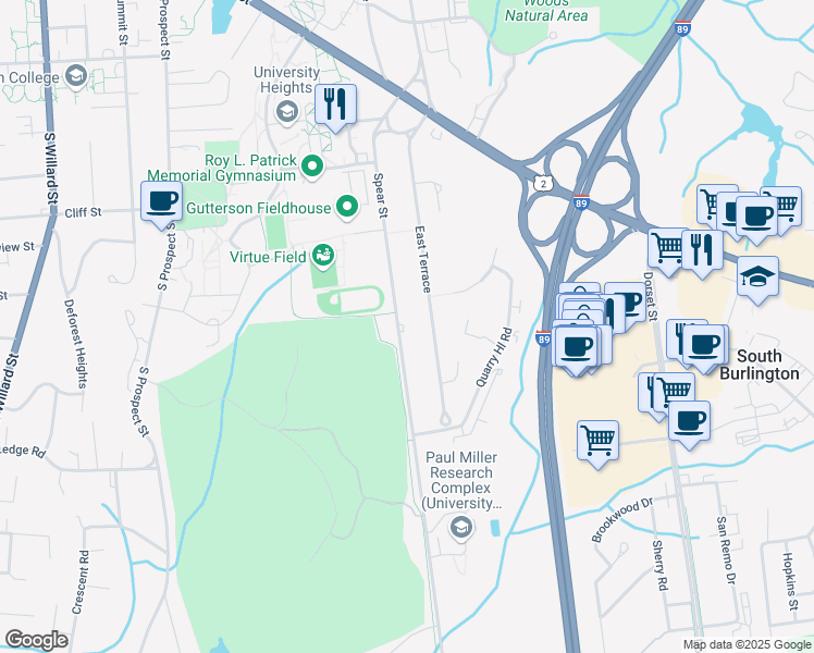 map of restaurants, bars, coffee shops, grocery stores, and more near 250 Spear Street in South Burlington