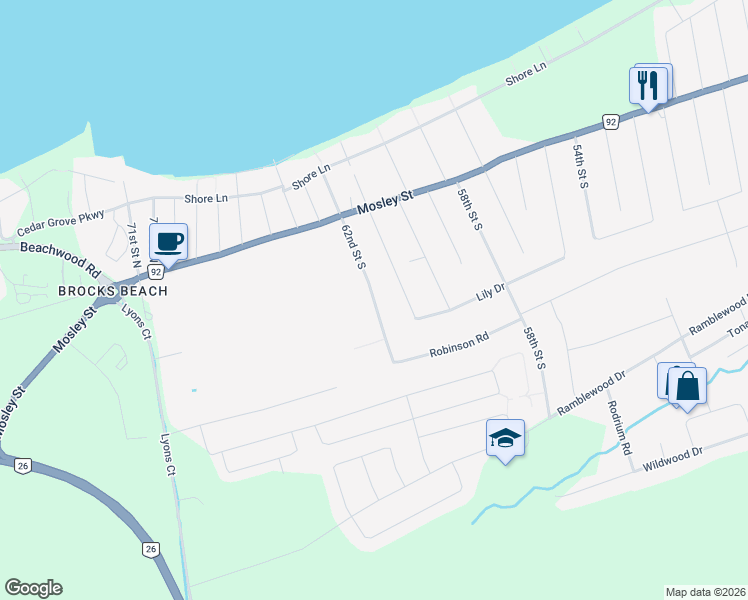 map of restaurants, bars, coffee shops, grocery stores, and more near 75 62 Street South in Wasaga Beach