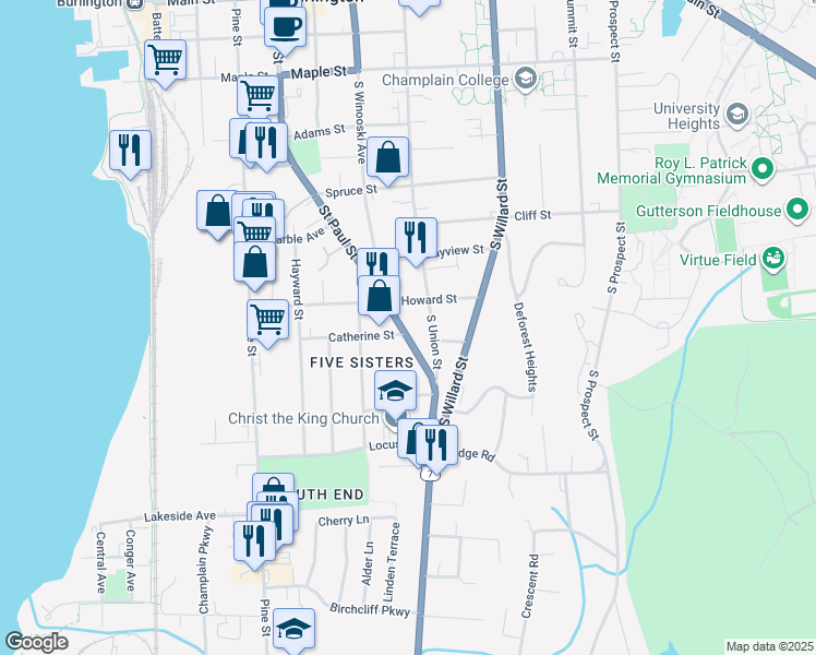 map of restaurants, bars, coffee shops, grocery stores, and more near 513 Saint Paul Street in Burlington