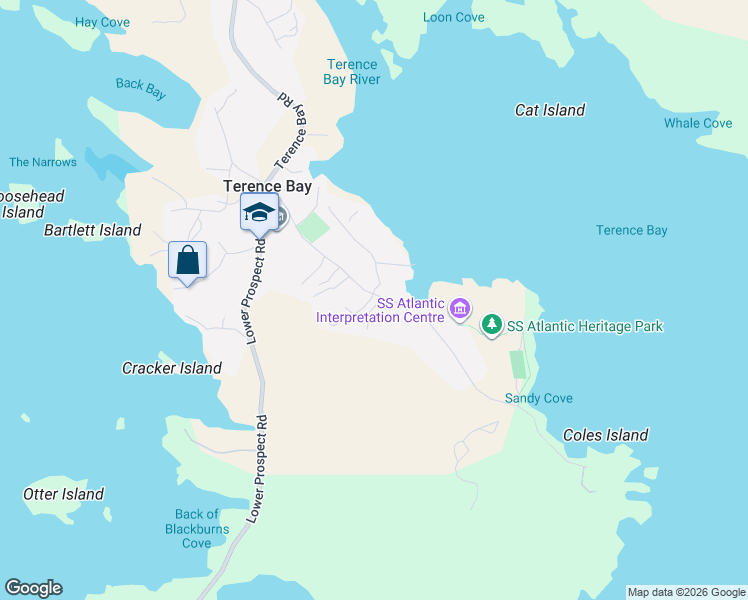 map of restaurants, bars, coffee shops, grocery stores, and more near 115 Sandy Cove Road in Terence Bay