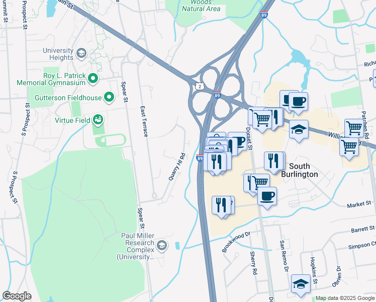 map of restaurants, bars, coffee shops, grocery stores, and more near 264 Quarry Hill Road in South Burlington