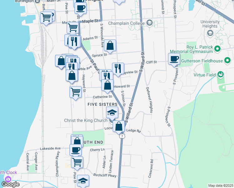 map of restaurants, bars, coffee shops, grocery stores, and more near 513 Saint Paul Street in Burlington