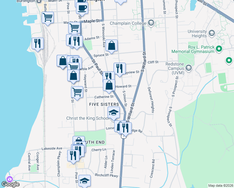 map of restaurants, bars, coffee shops, grocery stores, and more near 513 Saint Paul Street in Burlington