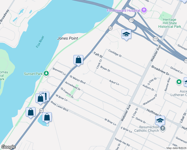 map of restaurants, bars, coffee shops, grocery stores, and more near 3203 Tuckaway Court in Green Bay