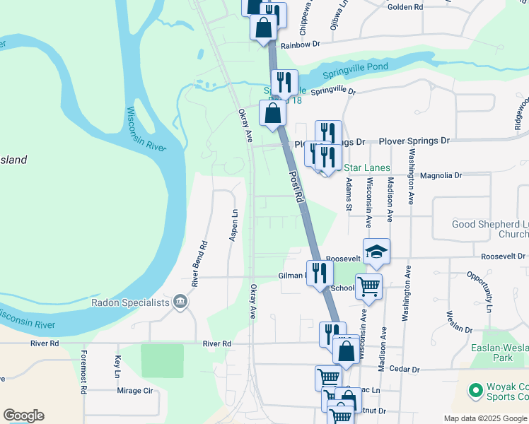 map of restaurants, bars, coffee shops, grocery stores, and more near 2074 Okray Avenue in Plover