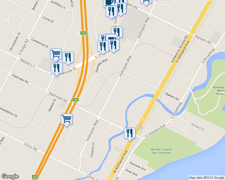 map of restaurants, bars, coffee shops, grocery stores, and more near 2981 Holmgren Way in Green Bay
