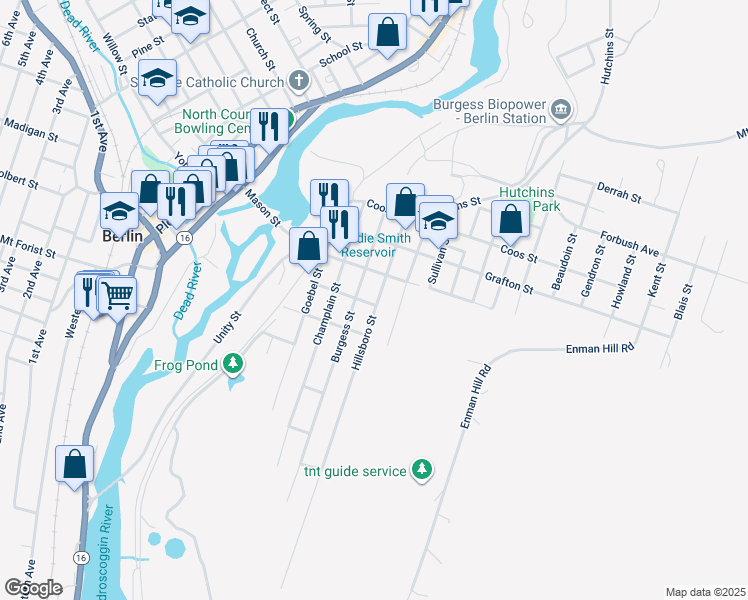 map of restaurants, bars, coffee shops, grocery stores, and more near 472 Burgess Street in Berlin