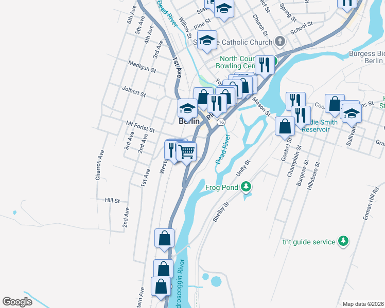 map of restaurants, bars, coffee shops, grocery stores, and more near 19 Pleasant Street in Berlin