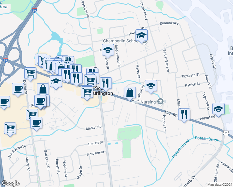 map of restaurants, bars, coffee shops, grocery stores, and more near in South Burlington