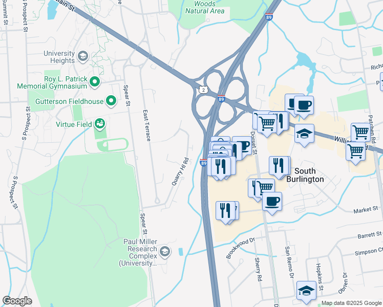 map of restaurants, bars, coffee shops, grocery stores, and more near 264 Quarry Hill Road in South Burlington