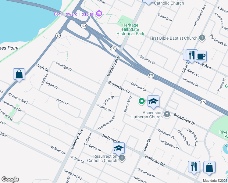 map of restaurants, bars, coffee shops, grocery stores, and more near 3101 South Clay Street in Allouez