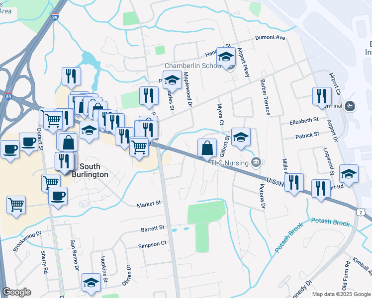 map of restaurants, bars, coffee shops, grocery stores, and more near in South Burlington