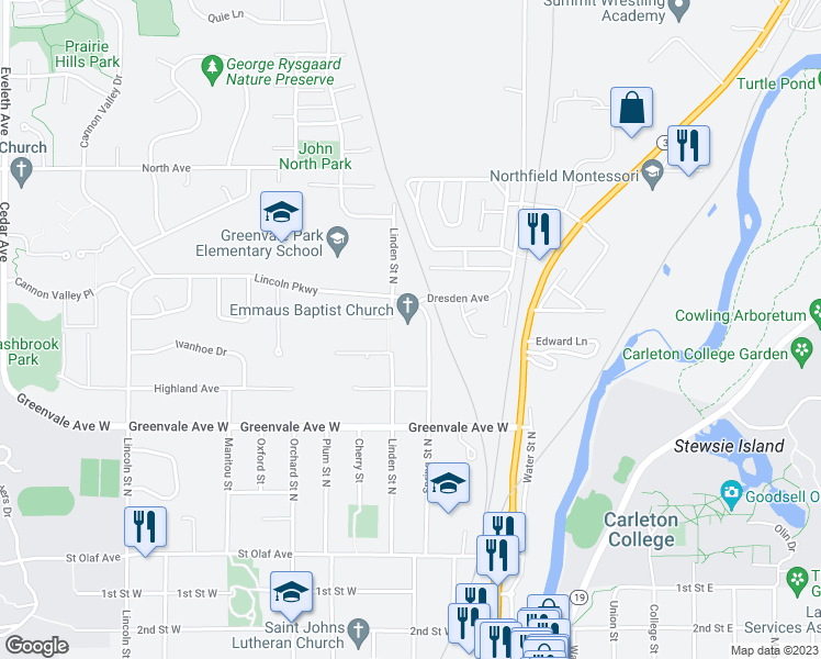map of restaurants, bars, coffee shops, grocery stores, and more near 712 Linden Street North in Northfield