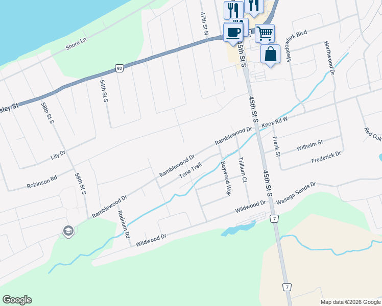 map of restaurants, bars, coffee shops, grocery stores, and more near 172 Ramblewood Drive in Wasaga Beach