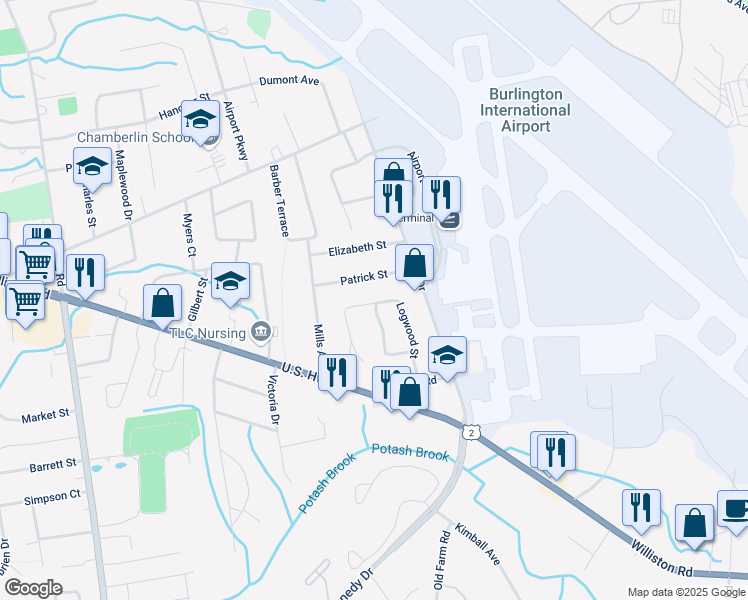 map of restaurants, bars, coffee shops, grocery stores, and more near 9 Patrick Street in South Burlington