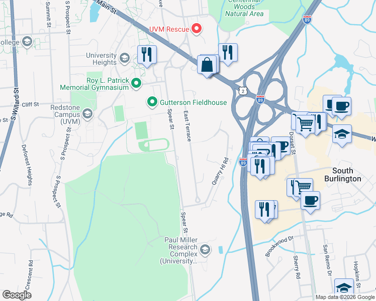 map of restaurants, bars, coffee shops, grocery stores, and more near 220 Spear Street in South Burlington