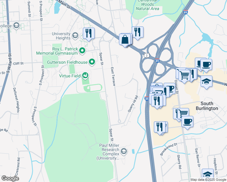 map of restaurants, bars, coffee shops, grocery stores, and more near 220 Spear Street in South Burlington