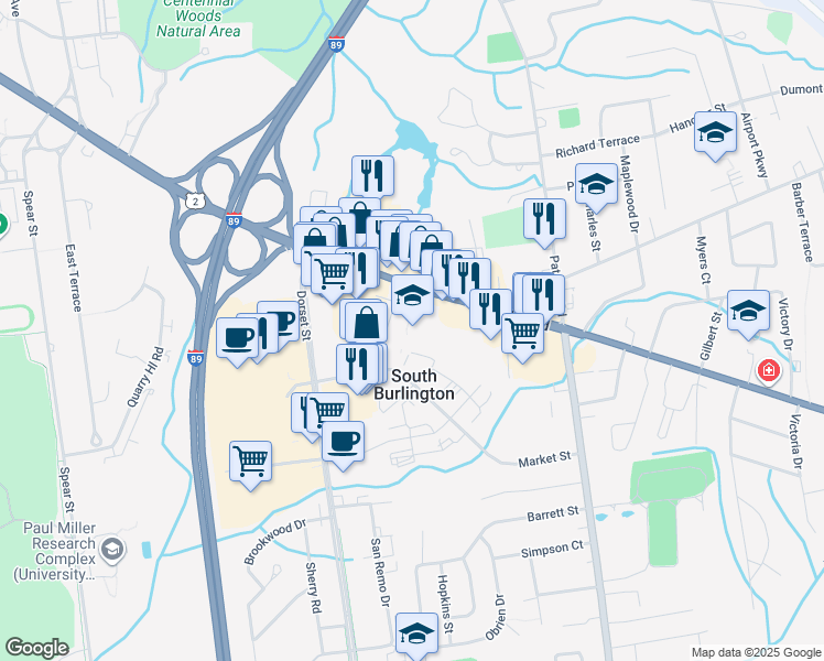 map of restaurants, bars, coffee shops, grocery stores, and more near 10 Market Street in South Burlington