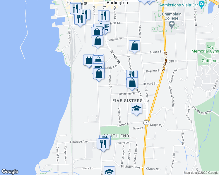map of restaurants, bars, coffee shops, grocery stores, and more near 45 Howard Street in Burlington