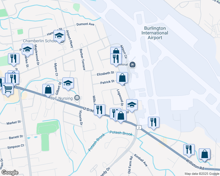 map of restaurants, bars, coffee shops, grocery stores, and more near 9 Patrick Street in South Burlington