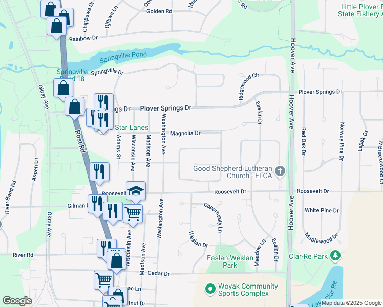 map of restaurants, bars, coffee shops, grocery stores, and more near 2441 Shadow View Circle in Plover