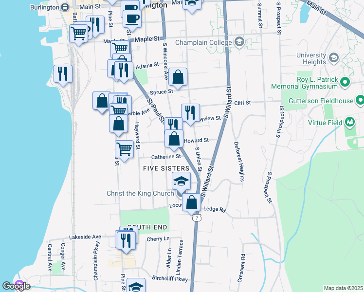 map of restaurants, bars, coffee shops, grocery stores, and more near 433 South Union Street in Burlington