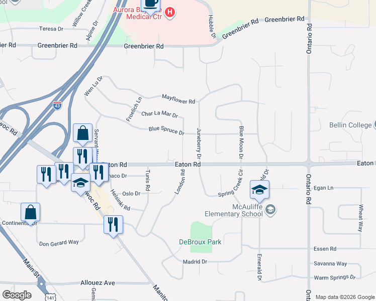 map of restaurants, bars, coffee shops, grocery stores, and more near 1830 Juneberry Drive in Green Bay