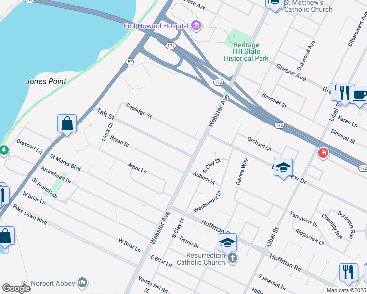 map of restaurants, bars, coffee shops, grocery stores, and more near 139 Coolidge Street in Allouez