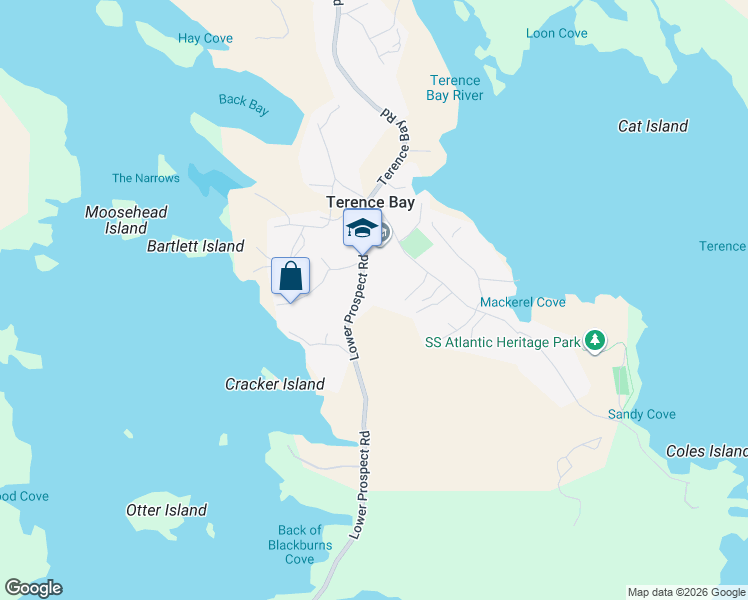 map of restaurants, bars, coffee shops, grocery stores, and more near 1754 Lower Prospect Road in Terence Bay