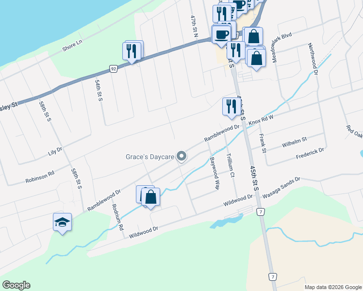 map of restaurants, bars, coffee shops, grocery stores, and more near 174 Mapleside Drive in Wasaga Beach