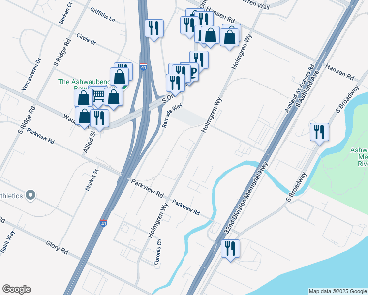 map of restaurants, bars, coffee shops, grocery stores, and more near 2944 Holmgren Way in Green Bay
