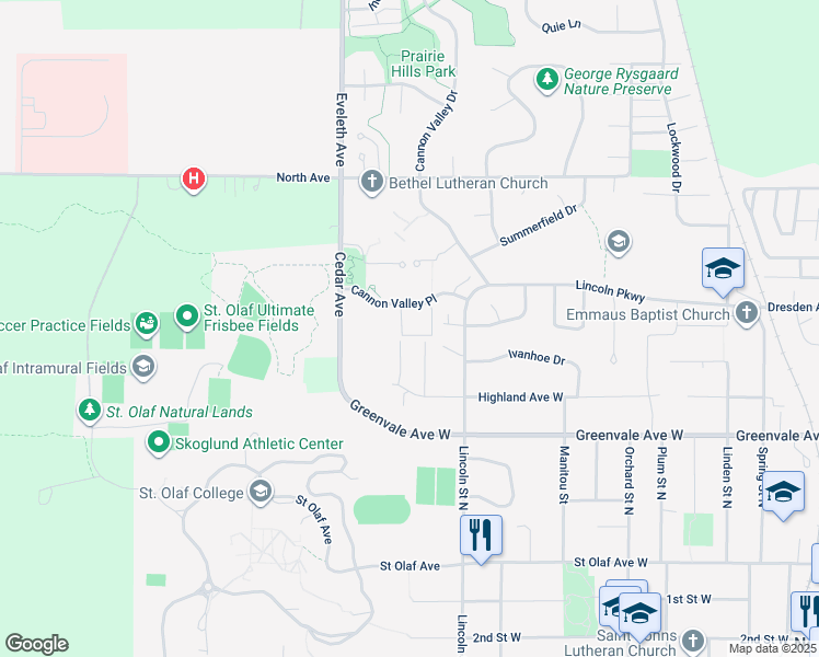 map of restaurants, bars, coffee shops, grocery stores, and more near 1190 Cannon Valley Place in Northfield