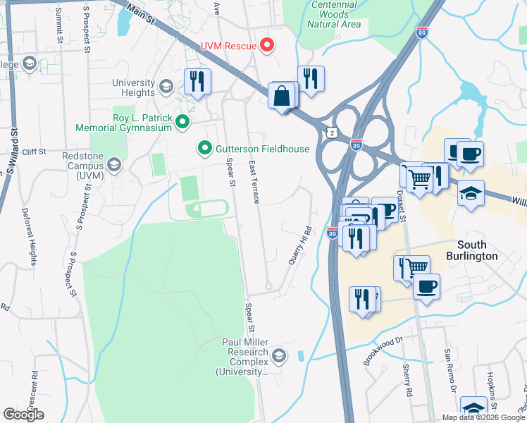 map of restaurants, bars, coffee shops, grocery stores, and more near 48 East Terrace in South Burlington