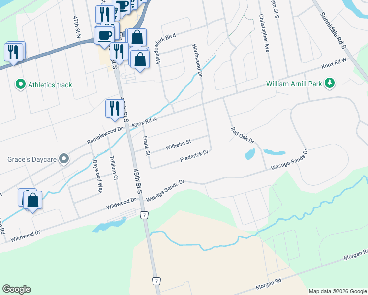 map of restaurants, bars, coffee shops, grocery stores, and more near 48 Wilhelm Street in Wasaga Beach