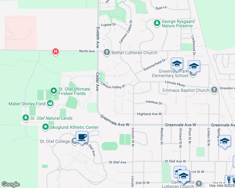 map of restaurants, bars, coffee shops, grocery stores, and more near 1190 Cannon Valley Place in Northfield