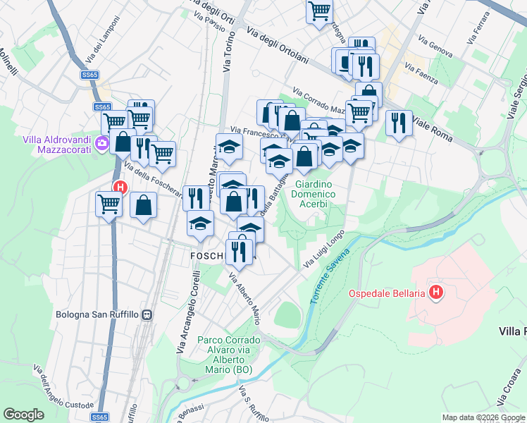map of restaurants, bars, coffee shops, grocery stores, and more near 10 Via della Battaglia in Bologna