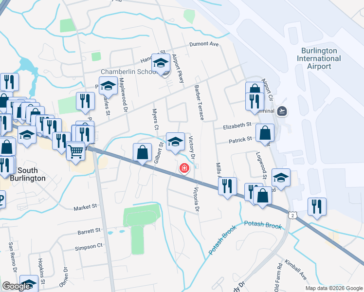 map of restaurants, bars, coffee shops, grocery stores, and more near 48 Helen Avenue in South Burlington