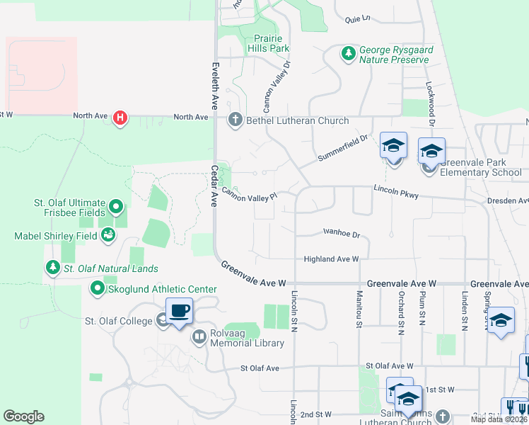 map of restaurants, bars, coffee shops, grocery stores, and more near 1190 Cannon Valley Place in Northfield