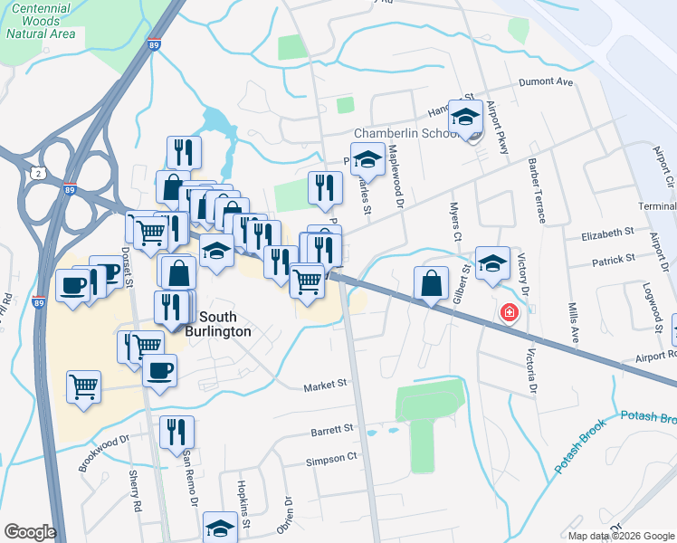 map of restaurants, bars, coffee shops, grocery stores, and more near in South Burlington