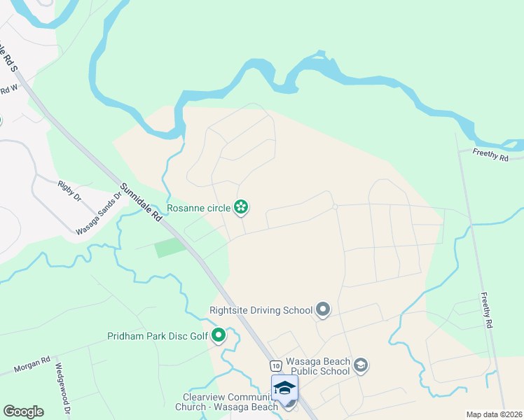 map of restaurants, bars, coffee shops, grocery stores, and more near 11 Del Ray Crescent in Wasaga Beach