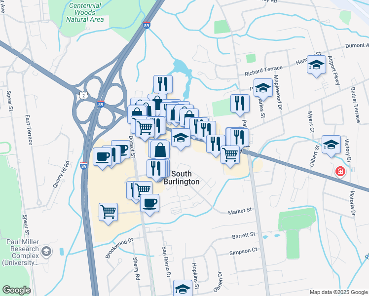 map of restaurants, bars, coffee shops, grocery stores, and more near 10 Market Street in South Burlington