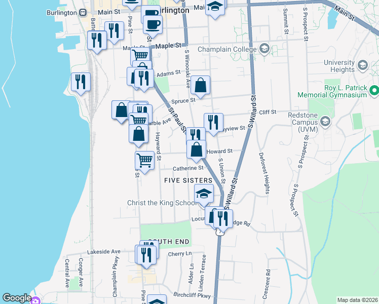 map of restaurants, bars, coffee shops, grocery stores, and more near 120 Howard Street in Burlington