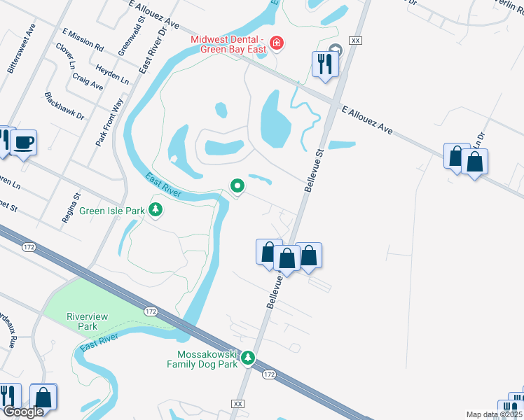 map of restaurants, bars, coffee shops, grocery stores, and more near 1537 Manderly Way in Bellevue