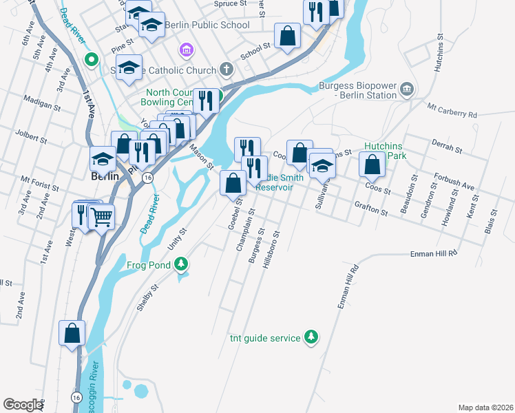 map of restaurants, bars, coffee shops, grocery stores, and more near 535 Burgess Street in Berlin