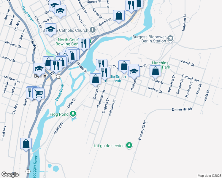 map of restaurants, bars, coffee shops, grocery stores, and more near 535 Burgess Street in Berlin