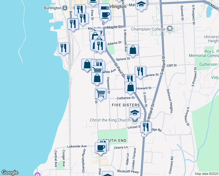 map of restaurants, bars, coffee shops, grocery stores, and more near 50 Howard Street in Burlington