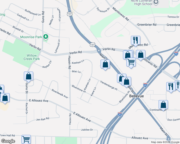 map of restaurants, bars, coffee shops, grocery stores, and more near 1836 Keehan Lane in Bellevue