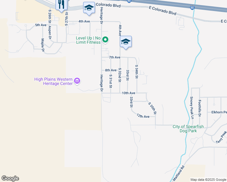 map of restaurants, bars, coffee shops, grocery stores, and more near 3108 10th Avenue in Spearfish